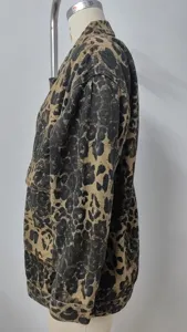 Detailed side view of a vintage leopard print oversized denim jacket for women on mannequin