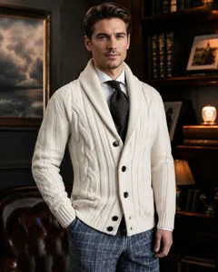 Élégant gilet en tricot torsadé blanc pour homme avec col châle et beaux boutons