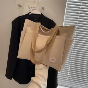 Große Kapazität Damen Leinwand Tragetasche Mit Mehrfachtaschen Lässig Einfarbig Schultertasche Kontrastgriff Handtasche