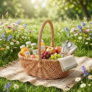 Detailed view of a handwoven willow picnic basket with fruit and juice in a meadow