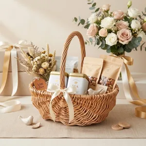 Detailed close-up of a handmade woven willow gift basket filled with tea and snacks