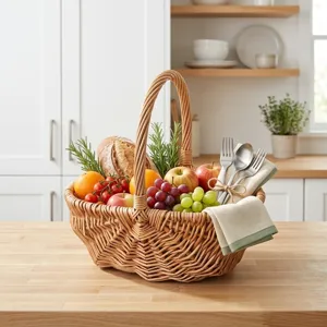 Handwoven willow picnic basket with fruits, bread, and cutlery in a bright kitchen