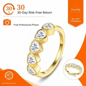 Bague en argent sterling S925 plaqué or avec cinq pierres en forme de cœur