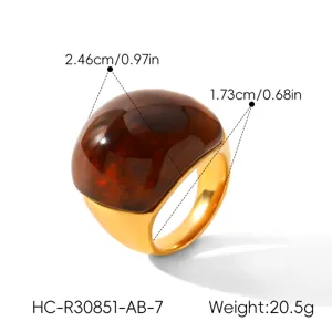 Bague chunky dorée rétro pour femme avec grande pierre marron, bijoux en acier inoxydable.