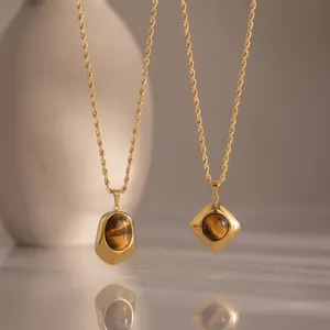 Edelstahl Geometrische Natürliche Tigerauge Stein Anhänger Halskette Vergoldet Schicker Halsschmuck Geschenk Für Damen