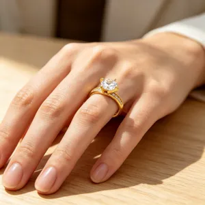 Nahaufnahme Detailansicht eines minimalistischen vergoldeten Zirkonrings an der Hand.