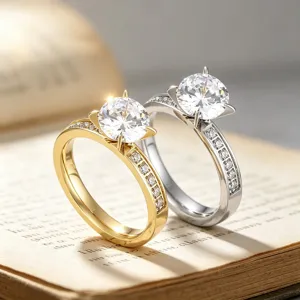 Edle Edelstahl Zirkonia Ringe mit vier Krappen Fassung und funkelnden Seitensteinen für Damen.