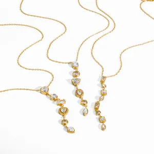 Detailed view of 18k gold plated stainless steel long Y necklace with sparkling crystal charms.