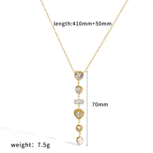 Detailed view of gold Y-shaped pendant necklace with sparkling zirconia and dimension specs.