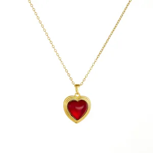 Gold-plated stainless steel necklace featuring a double-layered heart red pendant for women.