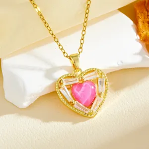 Exquisite gold-plated heart necklace featuring a sparkling pink zircon pendant and delicate chain.