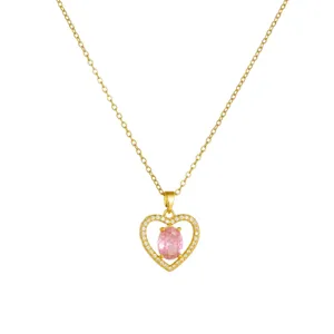 Exquisite heart-shaped zircon pendant necklace detail view, elegant gold finish jewelry.