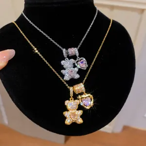 Collar Con Colgante De Oso De Circonia Chapado En Oro De 14K Dulce Lindo Corazón Rosa Gargantilla Joyería Para Mujer