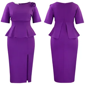 Dettaglio delle viste anteriore e posteriore dell'abito midi viola con peplo e spacco
