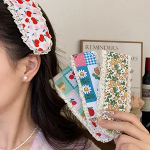 Sweet Floral Knitted Fringe Patch Headband Forest Style Magic Tape Hair Accessory Lace Trim Cherry Plaid Hair Band Women