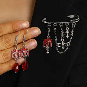 Kazakh ethnic style silver brooch and red enamel earrings jewelry set for women fashion