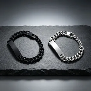 Heren titanium staal Cubaanse schakel ID armband verstelbare gebogen plaat zwart zilver