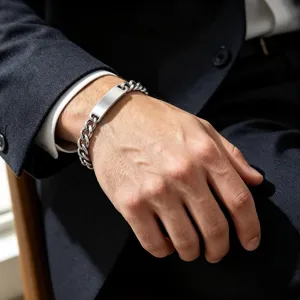 Heren titanium staal Cubaanse ketting armband met graveerbare gebogen ID plaat minimalistisch