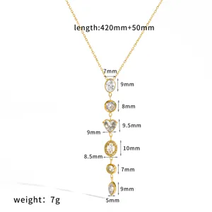 Gold stainless steel Y-shaped necklace with sparkling CZ stones and detailed dimensions.
