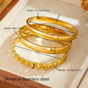 Stainless steel gold bangles set, elegant hollow heart and plain ring design for women daily wear.