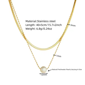 Double layer stainless steel necklace with natural freshwater pearl pendant, chic gold.