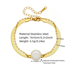 Stainless steel double layer necklace detail showing pearl pendant size and chain length specs.