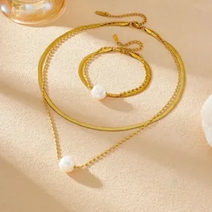 Gold stainless steel double layer snake chain pearl necklace and bracelet set for women