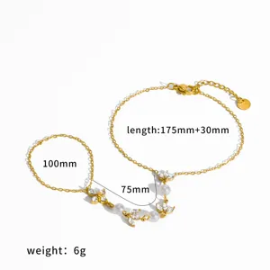 Gold Stainless Steel Flower Zirconia Pearl One-piece Ring Hand Chain Fashion Jewelry