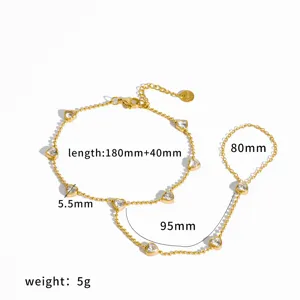 Gold stainless steel heart zirconia finger bracelet slave chain fashion jewelry 180+40mm