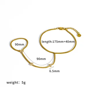 Stainless steel zircon clover finger bracelet hand chain detail view with length specs.
