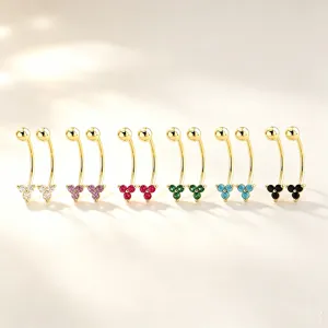 Orecchini cartilagine curvi in argento S925 con dettaglio trifoglio zirconi colorati.