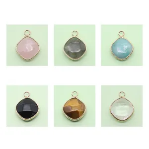 Faceted rhombus natural stone pendants set with gold edges for DIY necklace jewelry making.