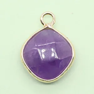 Natural stone rhombus purple pendant DIY necklace jewelry accessory with gold frame.