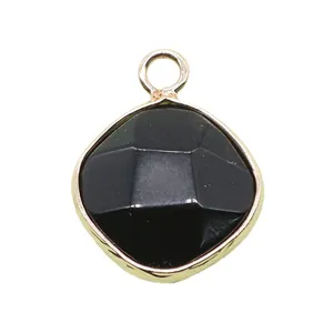 Black Faceted Gemstone Pendant Golden Rim DIY Necklace Charm Jewelry Accessory Main View