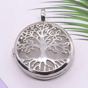 Alloy hollow tree of life locket pendant necklace with natural crystal stone jewelry item
