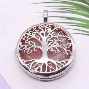 Silver tree of life locket pendant necklace with natural rose quartz crystal stones jewelry