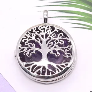 Silver tone alloy hollow tree of life locket pendant necklace with purple crystal stone.