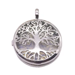 Silver alloy hollow tree of life locket pendant necklace main product view on white background