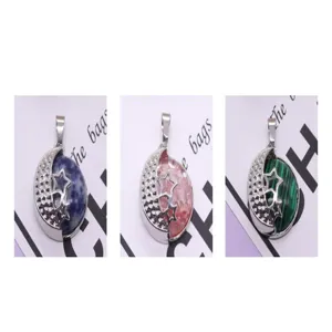 Natural stone crystal moon and star pendant detail shot, stylish silver plated jewelry accessory.