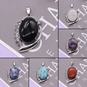 Oval Naturstein Legierung Anhänger Strass Kupfer Galvanisiert Halskette Charm DIY Schmuck Zubehör Für Damen Herren Handgemacht