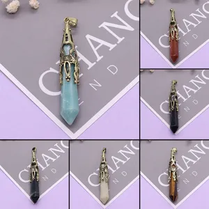 Vintage Natural Stone Hexagonal Prism Hollow Electroplated Crystal Pendant DIY Necklace Jewelry Accessories
