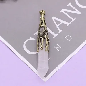 Vintage natural stone crystal hexagonal pillar pendant hollow metal necklace accessory
