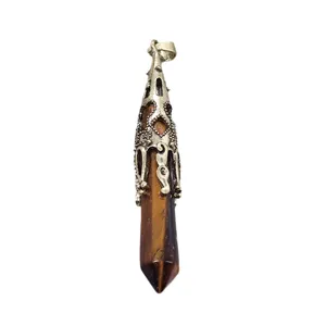 Retro natural stone hexagonal prism pendulum crystal pendant for DIY necklace jewelry making