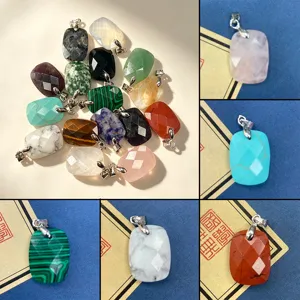Naturstein Rechteckiger Anhänger Facettierter Kristall Türkis Charm Für DIY Halsketten Zubehör Galvanisierter Kupfer Verschluss Steinanhänger