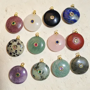Natürlicher Stein Runde Zirkon Eingefasst Anhänger Edelstein Halskette DIY Schmuck