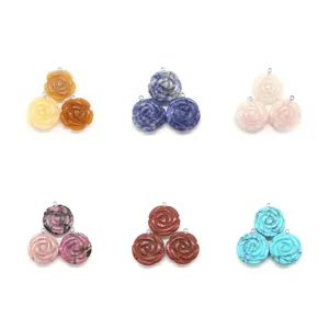 Natural stone carved rose flower pendants, gemstone DIY necklace accessories details.