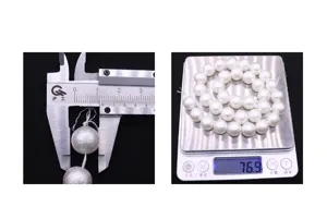 Detailed view of pearlescent imitation pearl beads showing size measurement and weight.