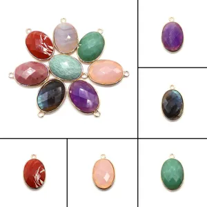 Natural Stone Oval Faceted Agate Pendant Copper Electroplated Crystal Quartz Charms For DIY Jewelry Making Necklace Earrings Accessories