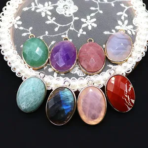 Natural stone oval faceted gemstone pendants with gold edges for DIY jewelry making.