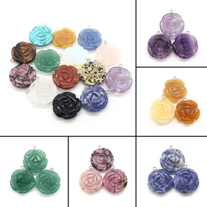 Natural Stone Carved Rose Flower Pendant DIY Necklace Accessory Multi Color Amethyst Opal Turquoise Botanical Floral Jewelry Pendant For Women